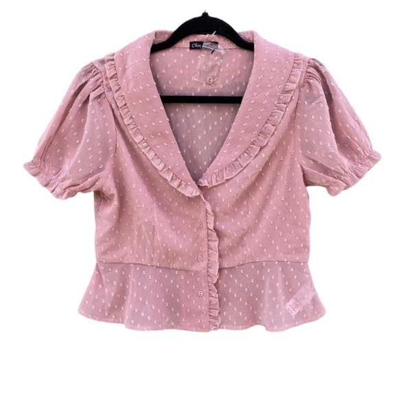 Chocolate Tops - NWOT Chocolate USA Pink Puff Sleeve Crop Shawl Collar Blouse Sz M